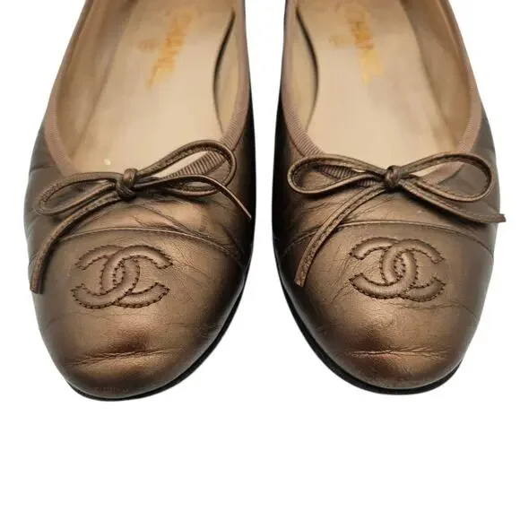 Chanel CC Cap Toe Ballet Flat Slipper Brown Bronze Leather Size 36.5 US 5.5 6 - Picture 3 of 11